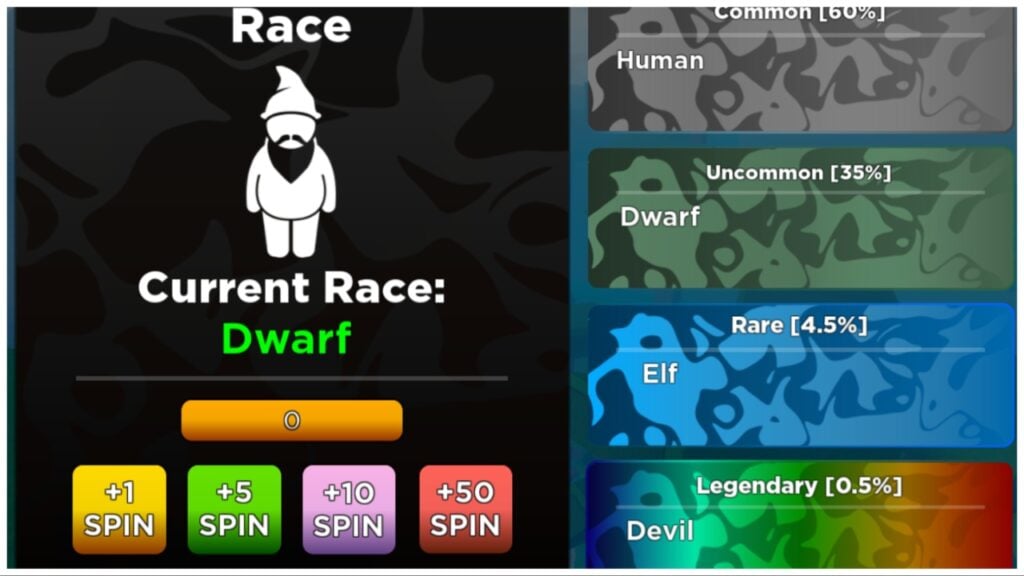 the image shows the races spin page from grimoires era which has a dark background and a small section to the right on the different rarities and races available. You can see my current spun race is Dwarf