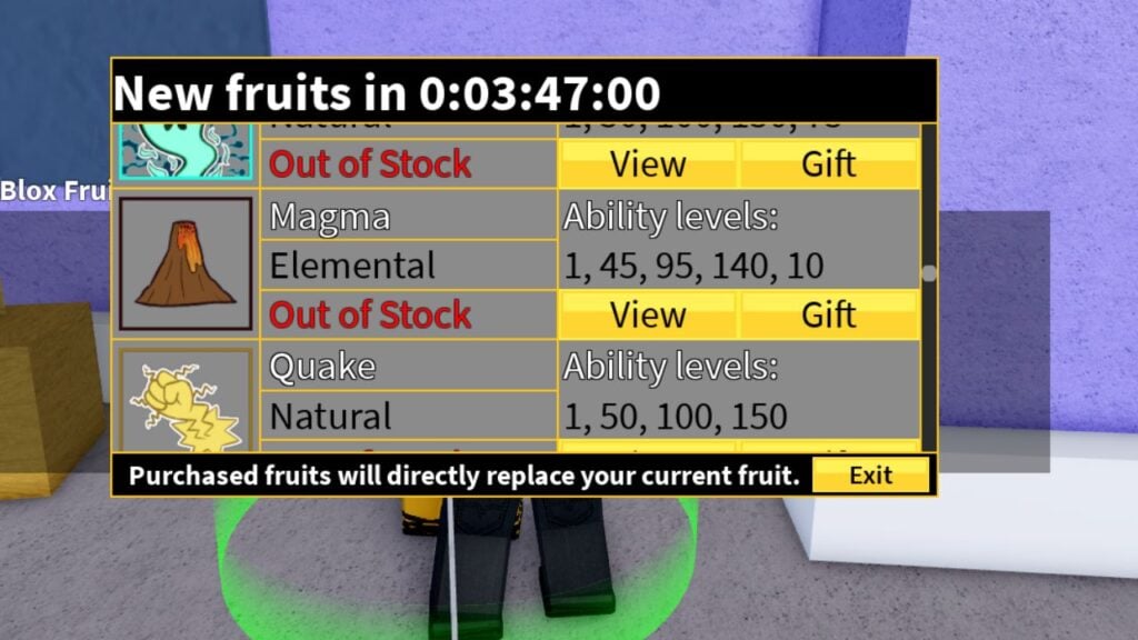 Feature image for our guide on how to awaken Magma in Blox Fuits. It shows the selling window of a Fruit Dealer, with the Magma Icon.