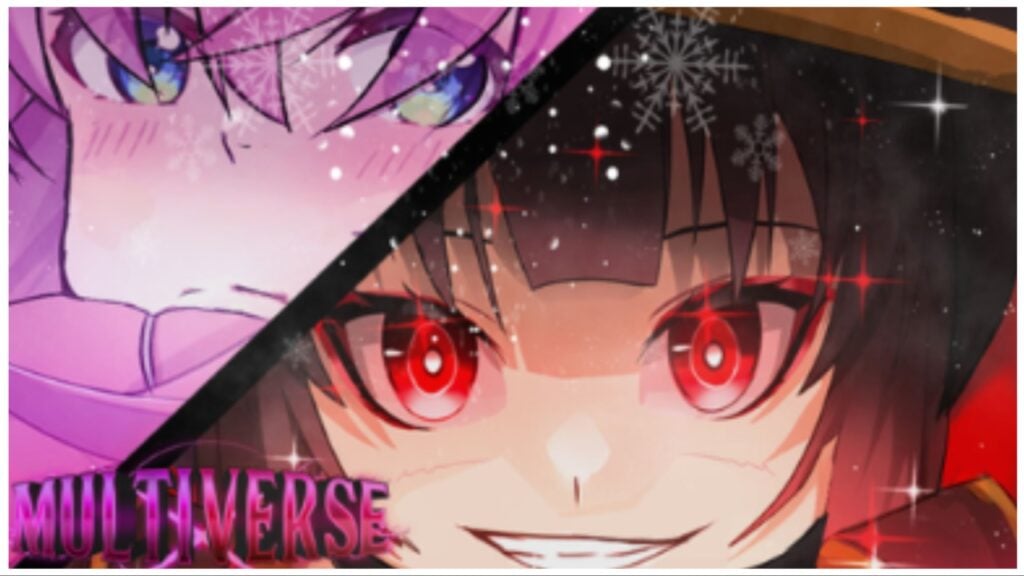 the image shows a two way split collage with close ups of two characters from multiverse defenders in the roblox illustration style. The one looking at the camera has a wicked smile and the word "Multiverse" is written in purple to the left of her cheek