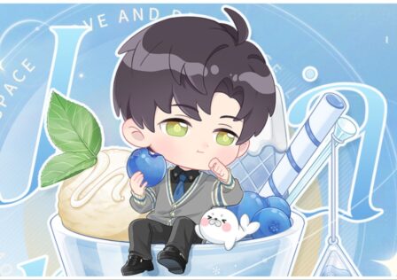 the image shows a chibi illustration of zayne from love and deepspace sat inside an icecream dessert with blueberries and mint. The background is blue with love and deepspace written behind the drawing in white