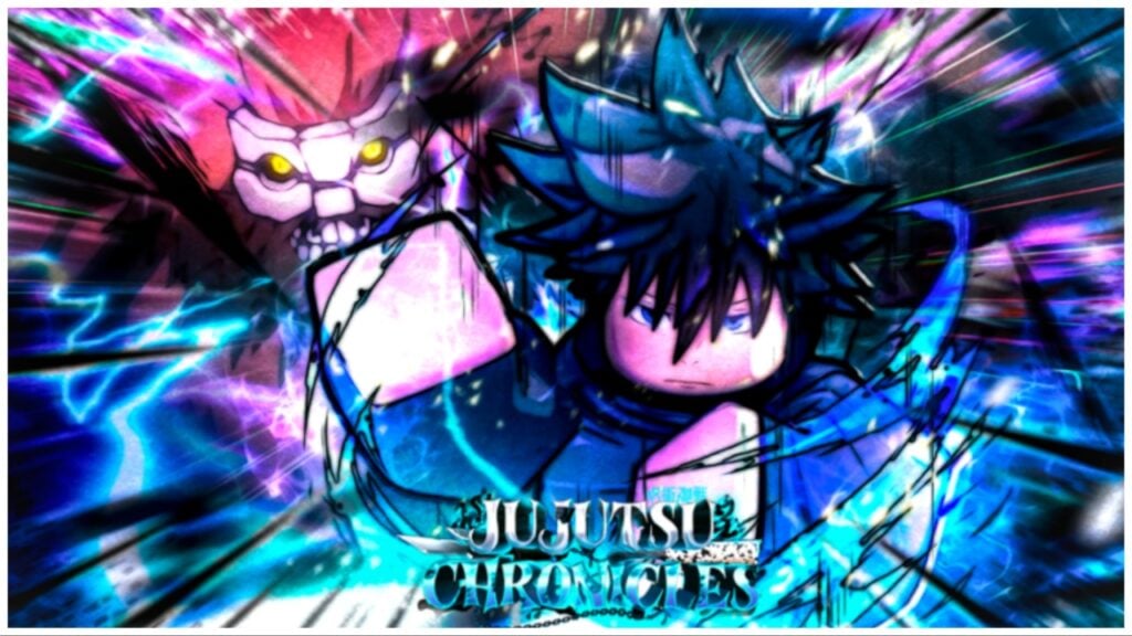the image shows megumi and nuei from jujutsu kaisen in the roblox style and facing the viewer. The art is very colourful with cursed energy flowing around the two characters and scratchy lineart. The game title is boldly written in blue at the bottom of the illustration