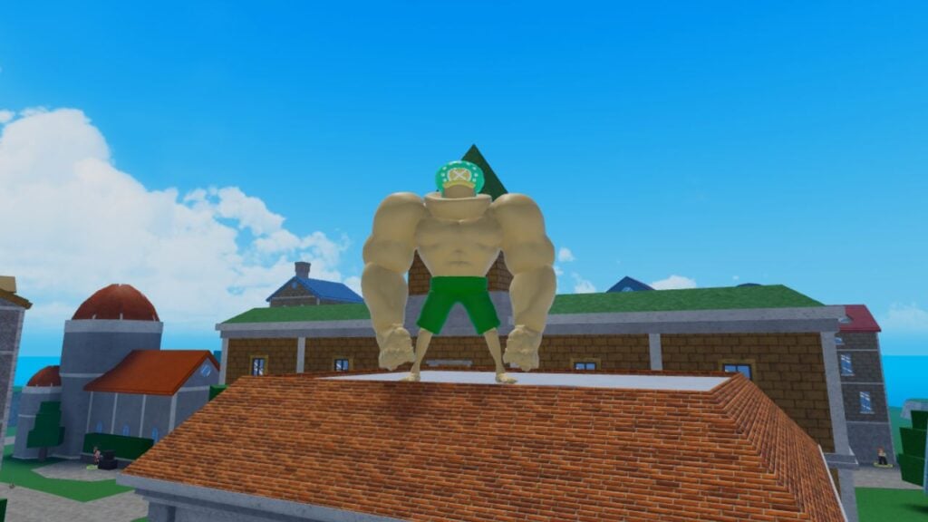 Feature image for our King Legacy fruit tier list. It shows an in-game screen of a player using the Human Fruit transformation, stood on a roof.