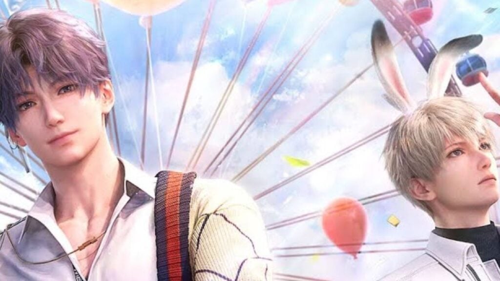 feature image for our love and deepspace daily reset guide, the image features promo art from the game of rafayel and xavier, with rafayel smiling and xavier wearing a bunny ear headband, there is a ferris wheel in the background, as well as balloons and confetti in the air