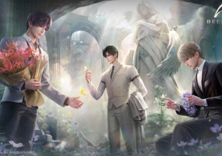 Feature image for our Love And Deepspace voice actors guide. It shows the three male cast members standing in a garden,