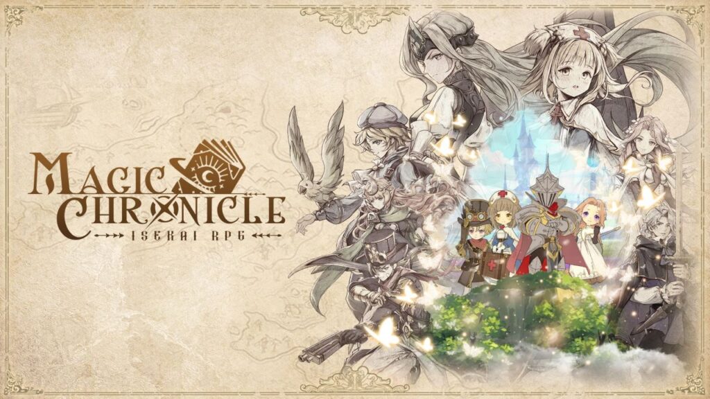 Feature image for our Magic Chronicle tier list. It shows promotional art of the game with a ground of heroes in medieval clothes stood on a clifftop.