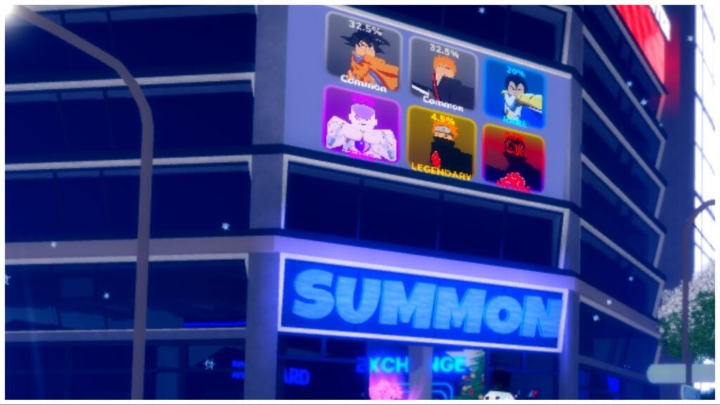 the image shows the summoning building from multiverse defenders with 6 characters currently featured in the banners