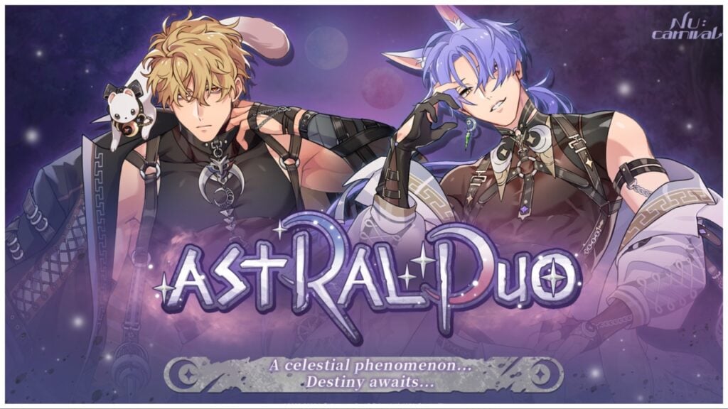 the image shows two men from nu carnival looking into the camera. The blonde on the left has a little animal on his shoulder and a tired expression whilst the purple haired man on the right has a cheeky smile