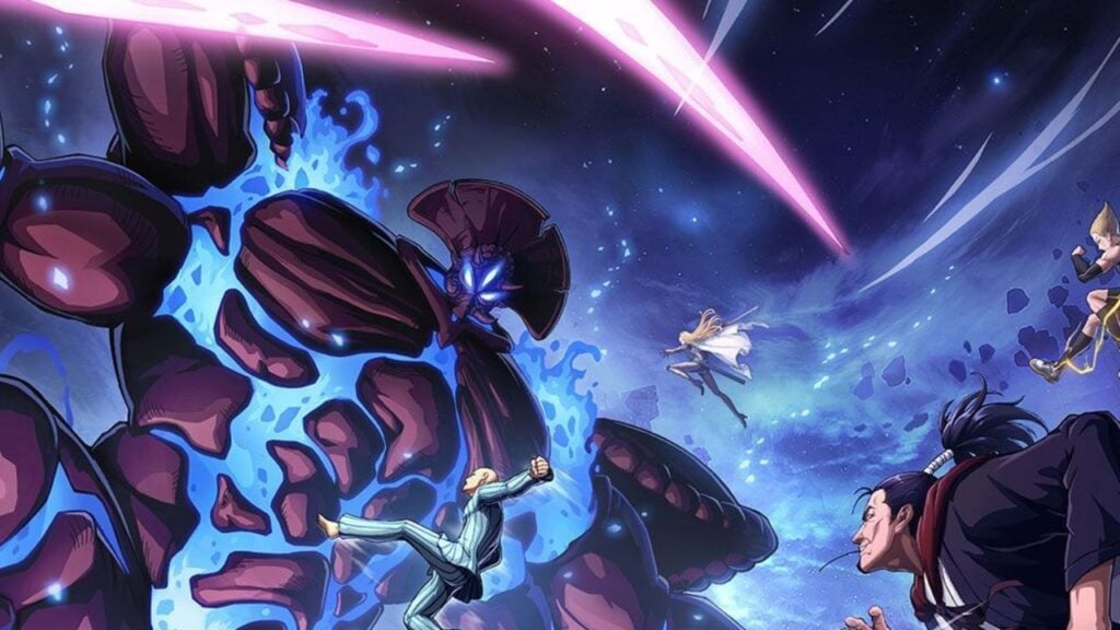 Feature image for our One Punch Man World tier list. It shows promotional art of various heroes facing off against a huge monster made of rocks and blue energy.