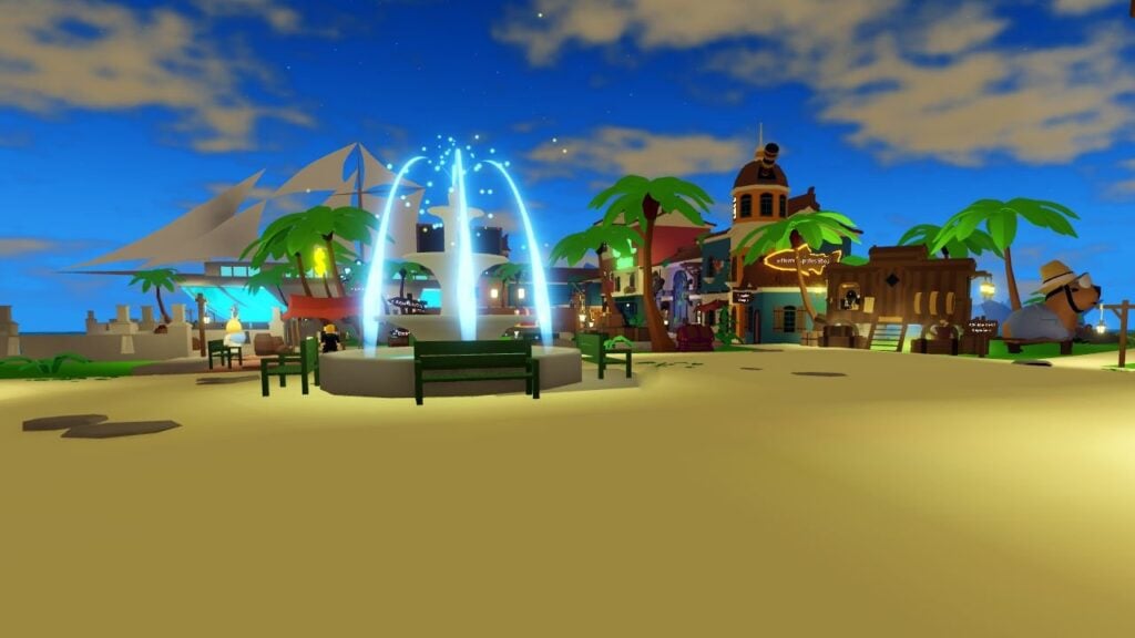 Feature image for our Rainbow Parrotfish Fishinf Simulator guide. It shows a view of the starting town with buildings and a fountain.