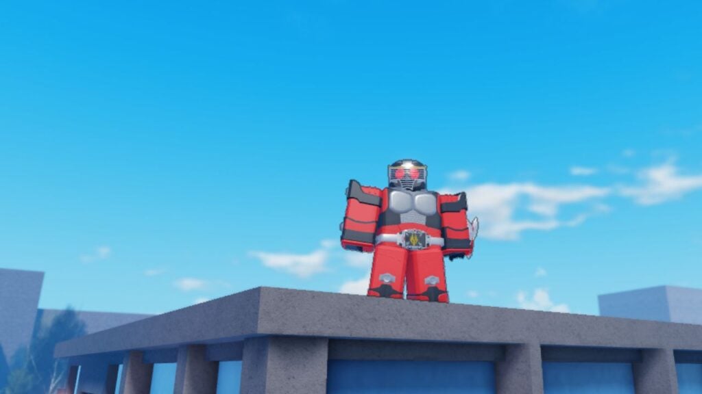 Feature image for our Rider Blox codes guide. I shows a Red Dragon Mirror Rider stood on a rooftop against a blue sky.