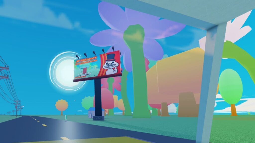 Feature image for our Road To Gramby's codes guide. It shows an in-game screen of a road, with a billboard showing a white blob person in a top hat.