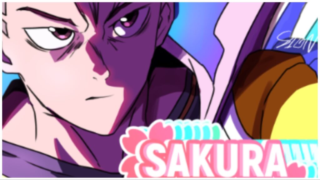 the image shows david from Cyberpunk with an intense expression on his face. He is looking off to the viewers right. Beneath him in pink and white with blooming flowers behind the text it reads "SAKURA" which comes from the game title