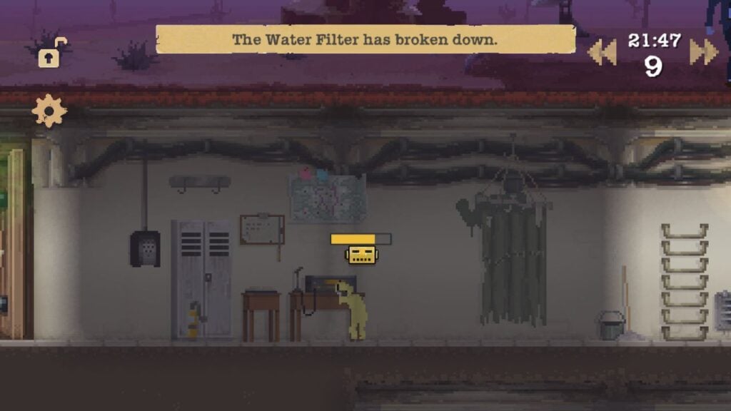 Feature image for our best Android survival games. It shows an in-game screen from Sheltered. A figure in a radiaiton suit looks defeated as they stand before a radio. A message reading 'Your Water Filter Has Broken Down' is displayed above.