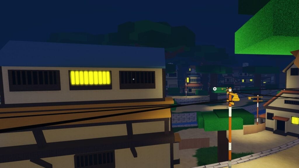Feature image for our Shindo Life 2 tier list. It shows an in-game view of the Blaze village, with lit buildings at night.