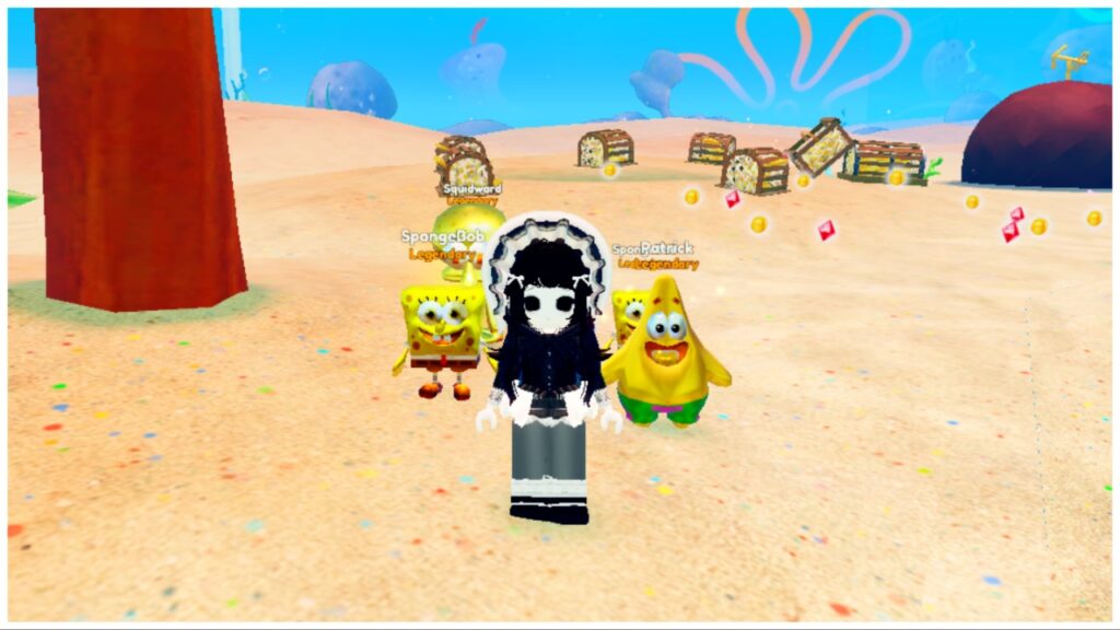 the image shows my avatar with four golden units behind her from spongebob simulator. Two spongebob, one squidward and one patrick. They are stood on a sandy area with chests behind