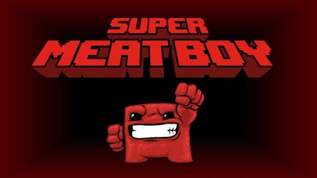 The feature image for "the super meat boy mobile release" news has meat boy grinning in front of a crimson gradient.