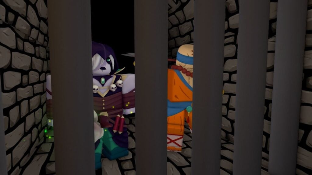 Feature image for our The House TD codes guide. It shows an in-game screen of the house's crypt, with two banished heroes behind bars.