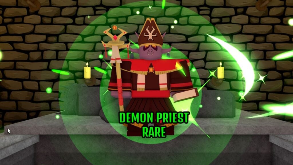 Feature image for our The House TD tier list. It shows a screenshot of a unit draw, with the Demon Priest, marked 'Rare' appears from a crypt.