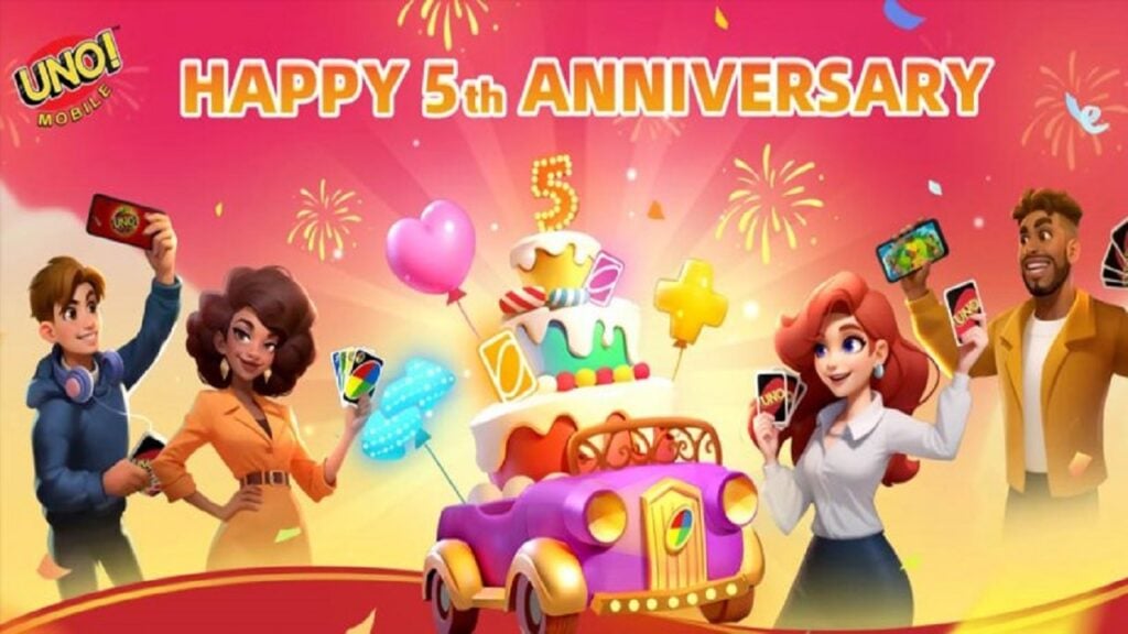 Featured Image for our news on UNO! Mobile Fifth Anniversary. It features animated people holding UNO cards and a purple car carrying a big 5th anniversary cake.