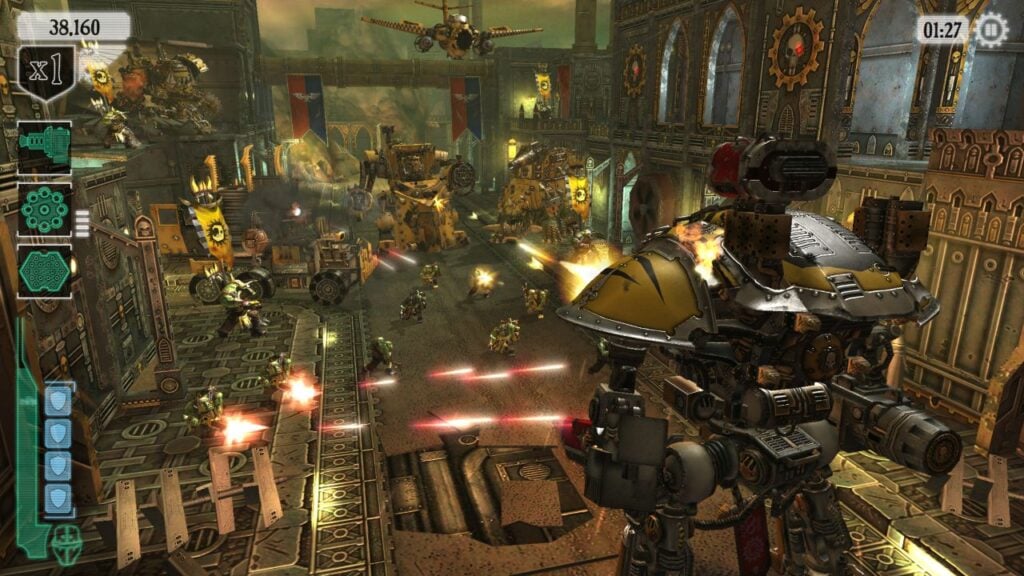Feature image for our best Android games workshop games. It shows a battle scene from Warhammer 40,000: Freeblade, with a large mech firing on the opposition.
