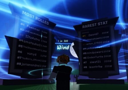 A character from Roblox game Sols RNG standing in front of two of the game's leaderboards. It's dark, and blue lights are swirling in the sky above.