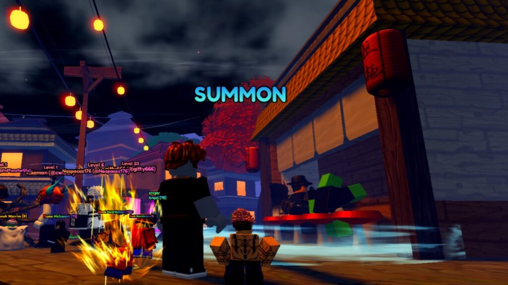 A group of players in the Roblox game Anime Last Stand standing in front of the game's Summon bar.