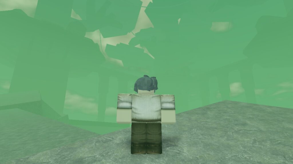 A character from Roblox game Arcane Lineage overlooking the village of Westwood Heart in the game's Deeproot Canopy area.