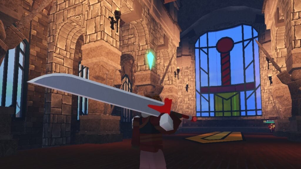 A character from Roblox game Swordburst 3 standing in a church. They're holding a huge greatsword over their shoulder.