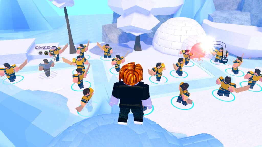A character from Roblox game Blade Tower Defense stands on to of an igloo, looking out over an army of warriors.