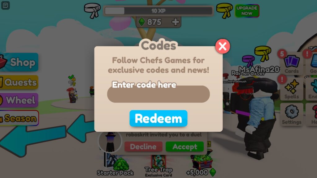 A screenshot of the code redemption screen from Roblox game Card Battles.