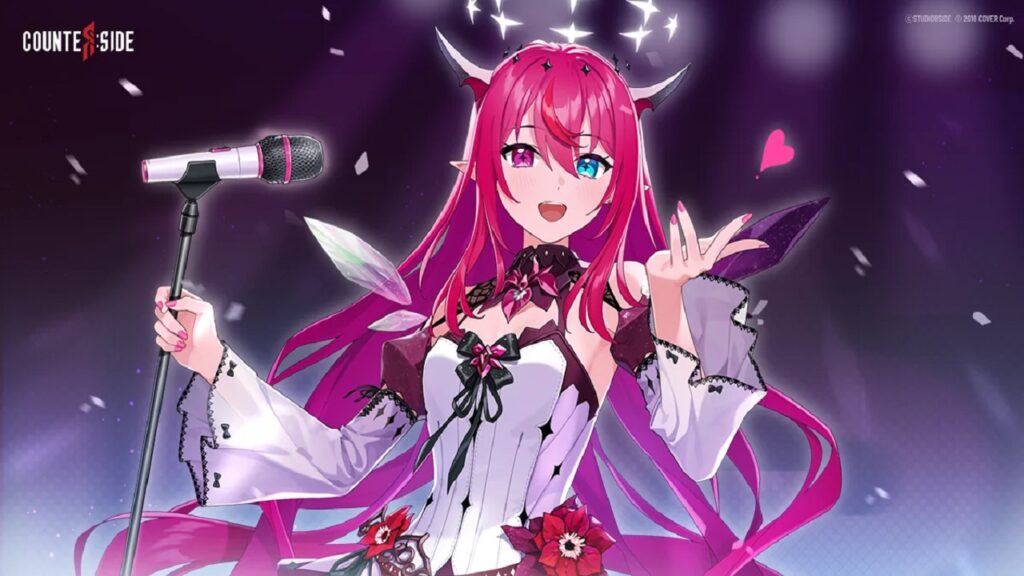 featured image for our news on CounterSide x Hololive English -Promise- IRyS. It features Irys in her signature dark pink hair and demon horns. She's wearing a flowy gown that has bell-shaped flowy sleeves.