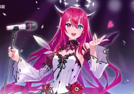 featured image for our news on CounterSide x Hololive English -Promise- IRyS. It features Irys in her signature dark pink hair and demon horns. She's wearing a flowy gown that has bell-shaped flowy sleeves.