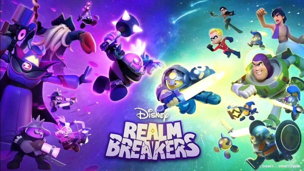 Disney Realm Breakers soft launches. It features various Diney and Pixar characters flying in the air. They include Aladdin, Buzz Lightyear, The Incredibles, and more.