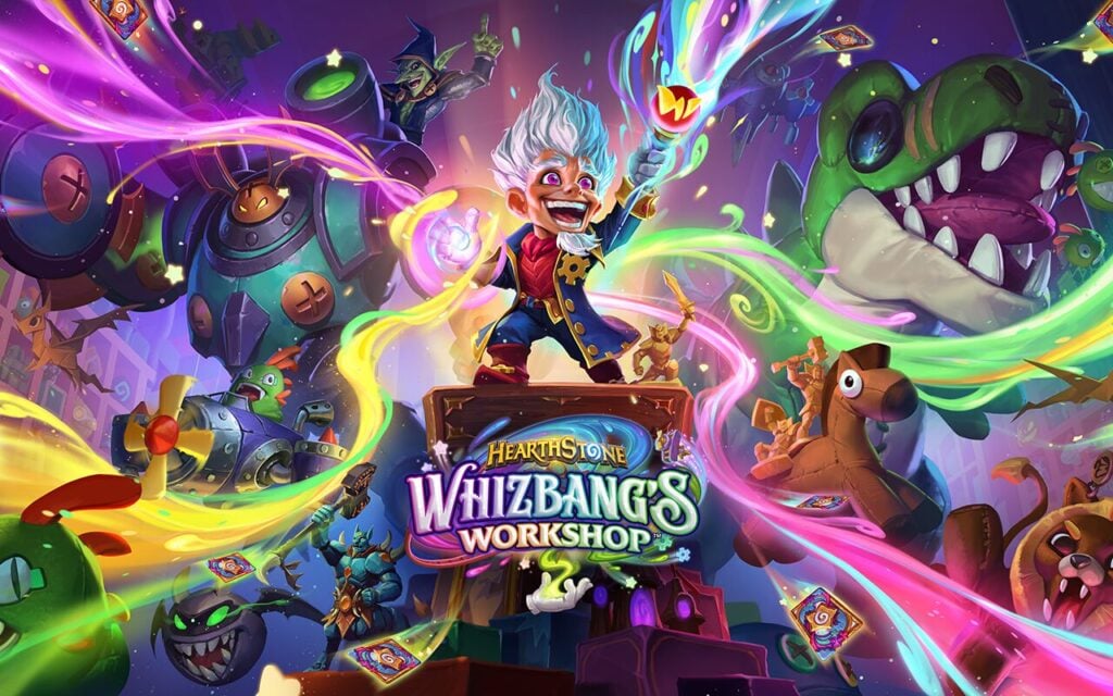 featured image for our news on Hearthstone 10th anniversary. It features the poster for the upcoming expansion Whizbang's Workshop . It's a vibrant image with neon coloured-waves and a bunch of characters high in the air.