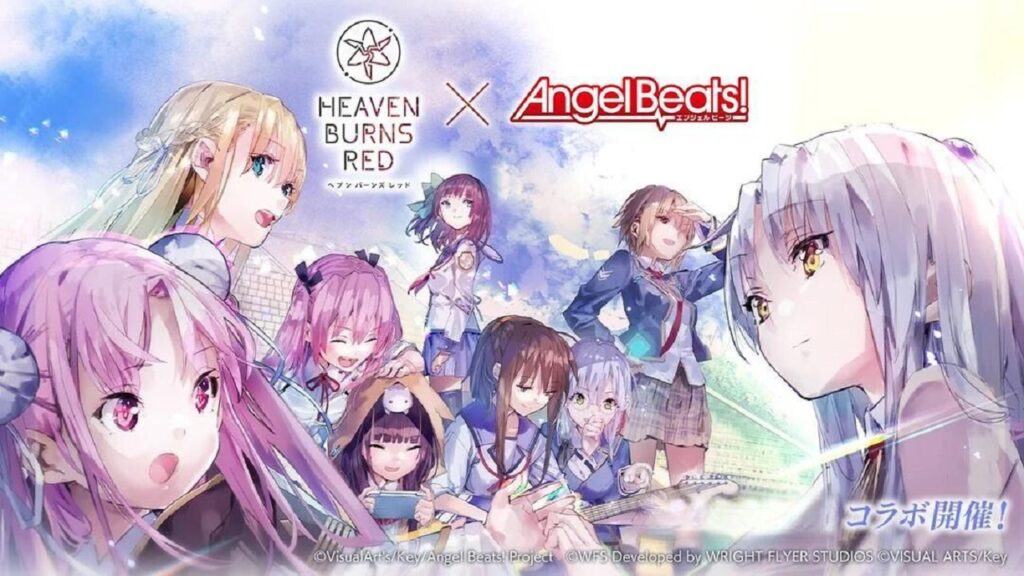 featured image for our new on Heaven Burns Red x Angel Beats! It features a bunch of characters from the game and the anime series like Kanade and Yuri.