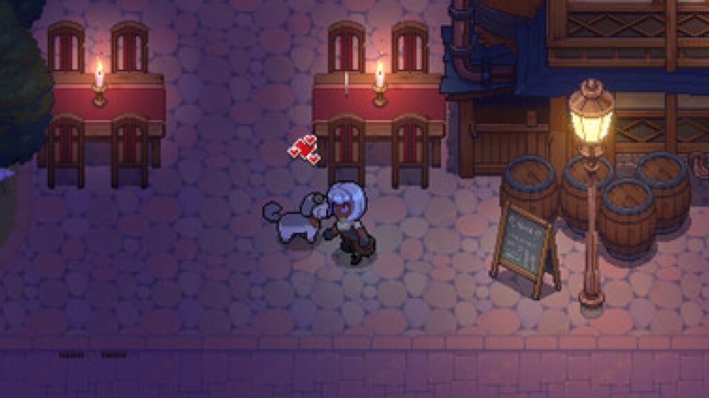 A character interacting with their dog in Potion Permit.