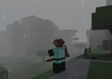 A character from Roblox game Pilgrammed standing on a cliff overlooking a rainy valley.
