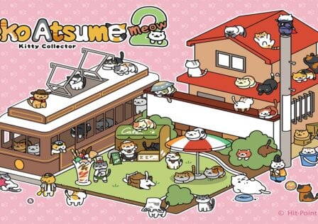 featured image for our news on Neko Atsume sequel. It features a cute scenery with a house, a restaurant and a park. There are a lot of cats all over the place.