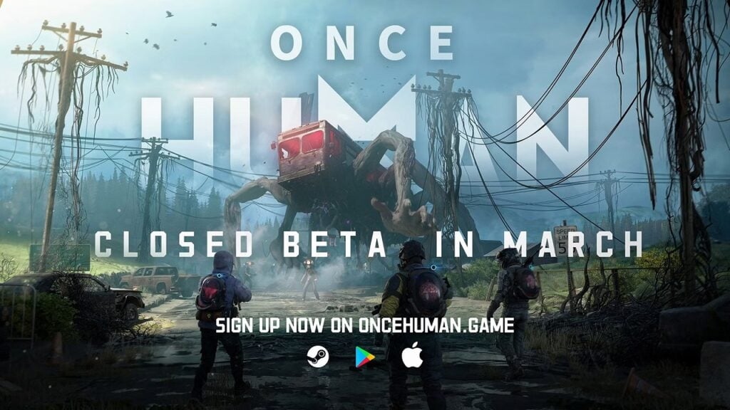 featured image for our news on Once Human Beta Test In March. it features a train monster with hands and legs walking towards a few humans.