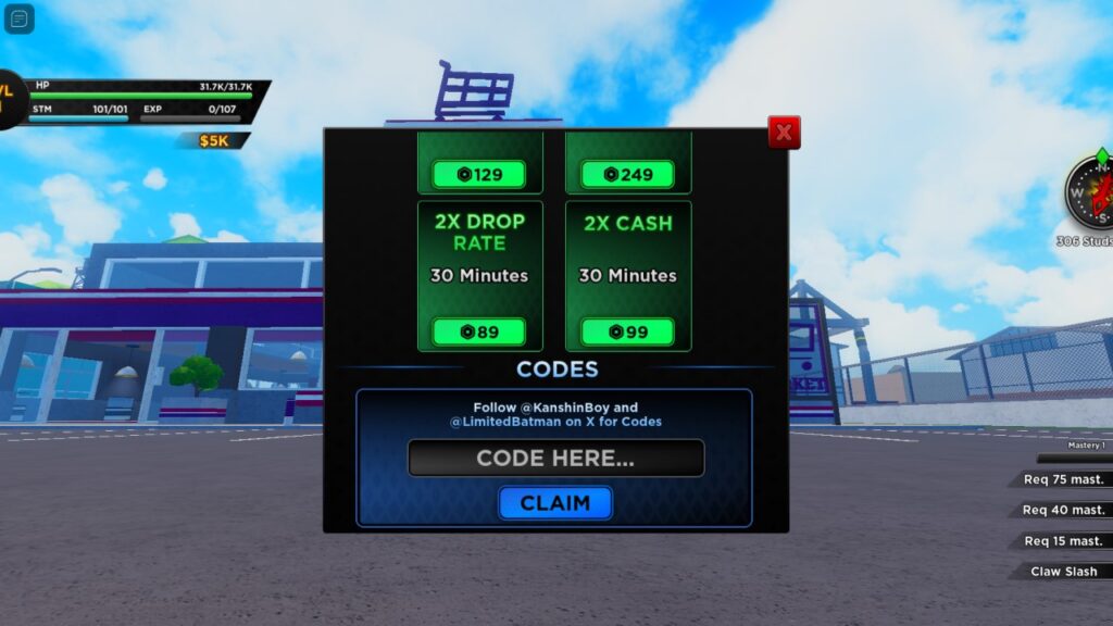 A screenshot of the code redemption menu from Roblox game One Punch Ultimate.