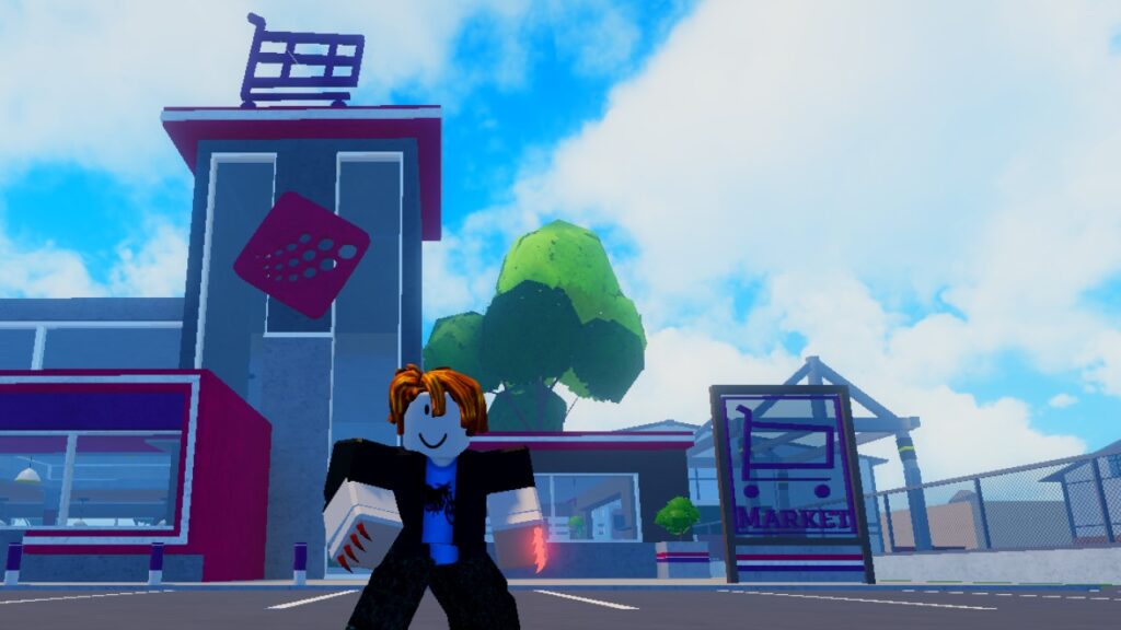 A character from Roblox game One Punch Ultimate stands in the car park of a supermarket.