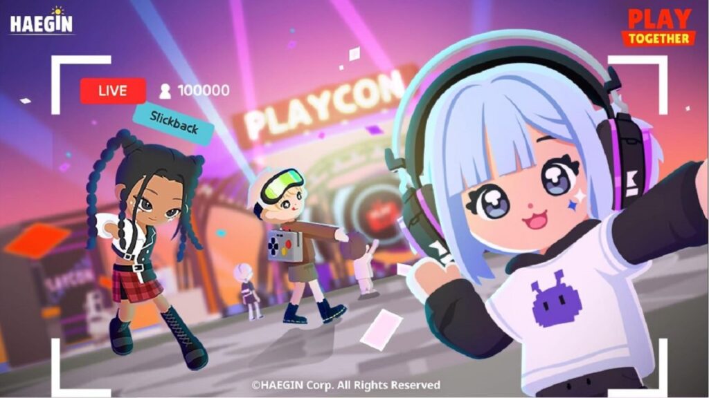 featured image for our news on Play Together With Cutiepie. It features Cutiepie in her classic blue straight hair. she's wearing a pair of headphones and a blakc and white long-sleeved t-shirt. behind her, we can see other characters who are also dressed in a funky and cute manner.