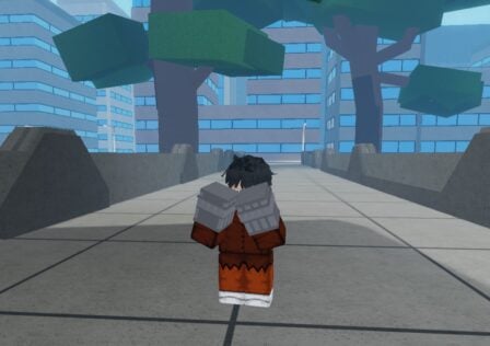 A character from Roblox game Project XL standing in the middle of a path leading up to an office block. They're wearing two iron gauntlets, held up in a defensive boxing stance.
