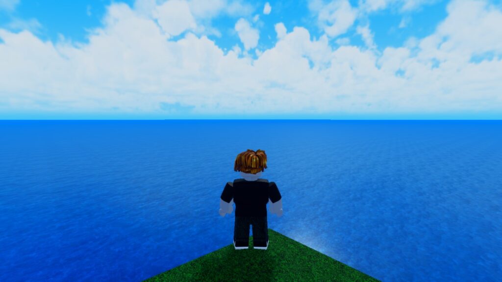 A character from Roblox game Second Piece stands on a cliff edge overlooking a vast ocean. The clouds are thick just above the horizon.