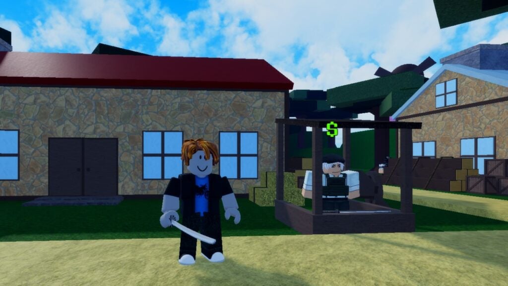 A character from Roblox game Second Piece standing next to a wooden stall holding a katana. In the background, two houses.