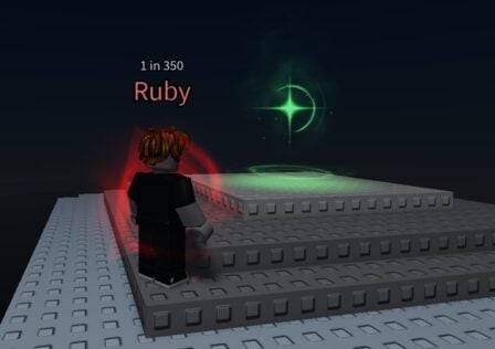 A character from Roblox game Sols RNG stands in front of a green light on a dark platform. They are surrounded by a Ruby Aura.