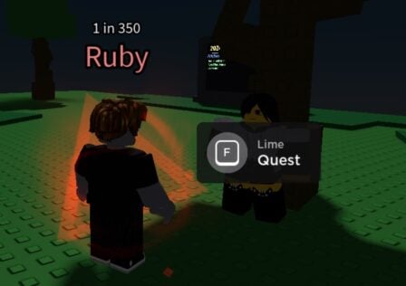 A character from Roblox game Sols RNG standing in front of an NPC called Lime. They're surrounded by a Ruby Aura, and it's night time.