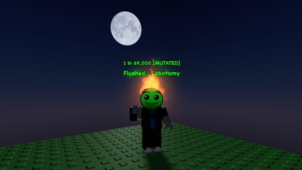A character from Roblox game Sols RNG standing on the grass at night, the moon hanging ion the background. They're surrounded by the rare Flushed: Lobotomy Aura.