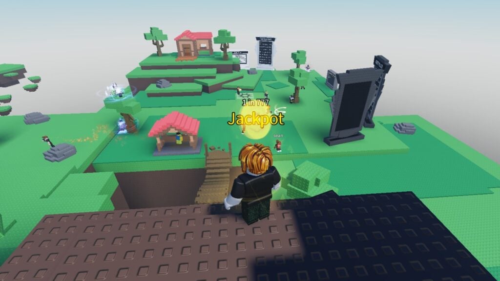 A character from Roblox game Sols RNG standing on a cliff edge. Below, many players and game objects can be seen.