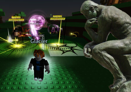 A screenshot from Roblox game Sols RNG overlayed with an image of an ancient statue.